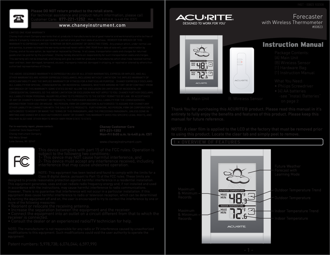 Acu-Rite 823 instruction manual Overview Of Features, Forecaster, with Wireless Thermometer 