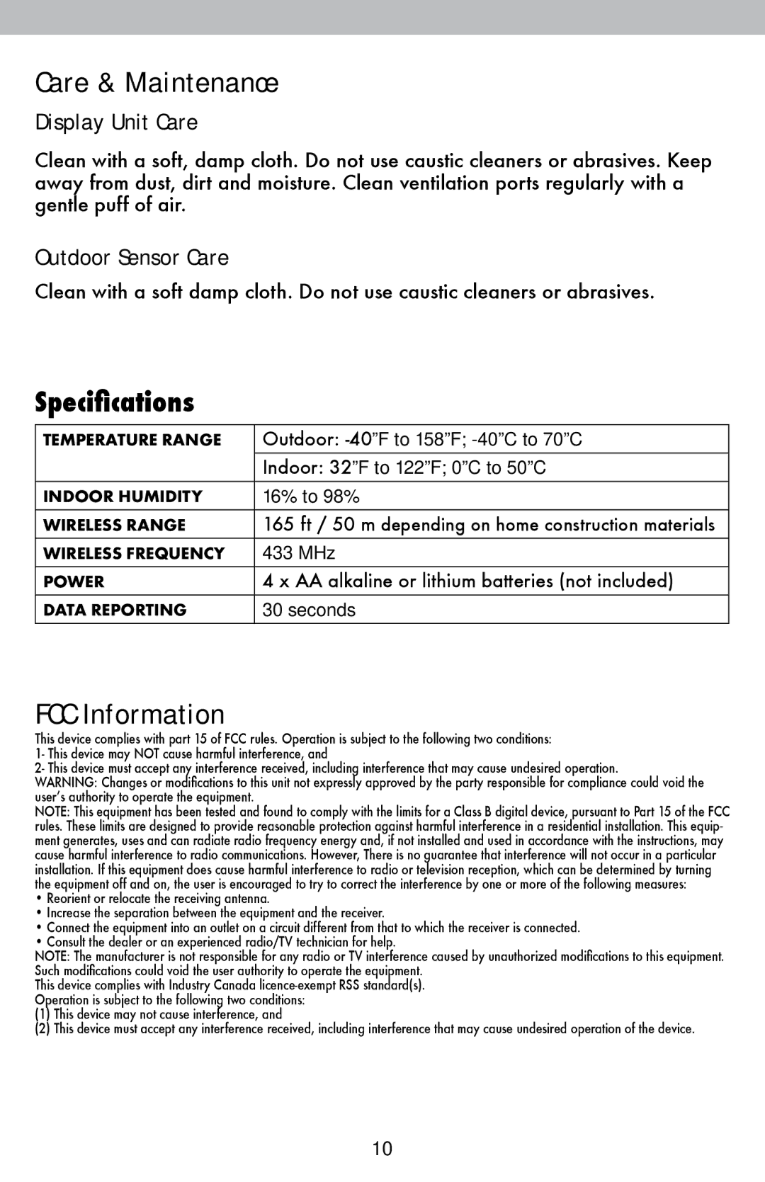 Acu-Rite 827 instruction manual Care & Maintenance, Specifications, FCC Information 