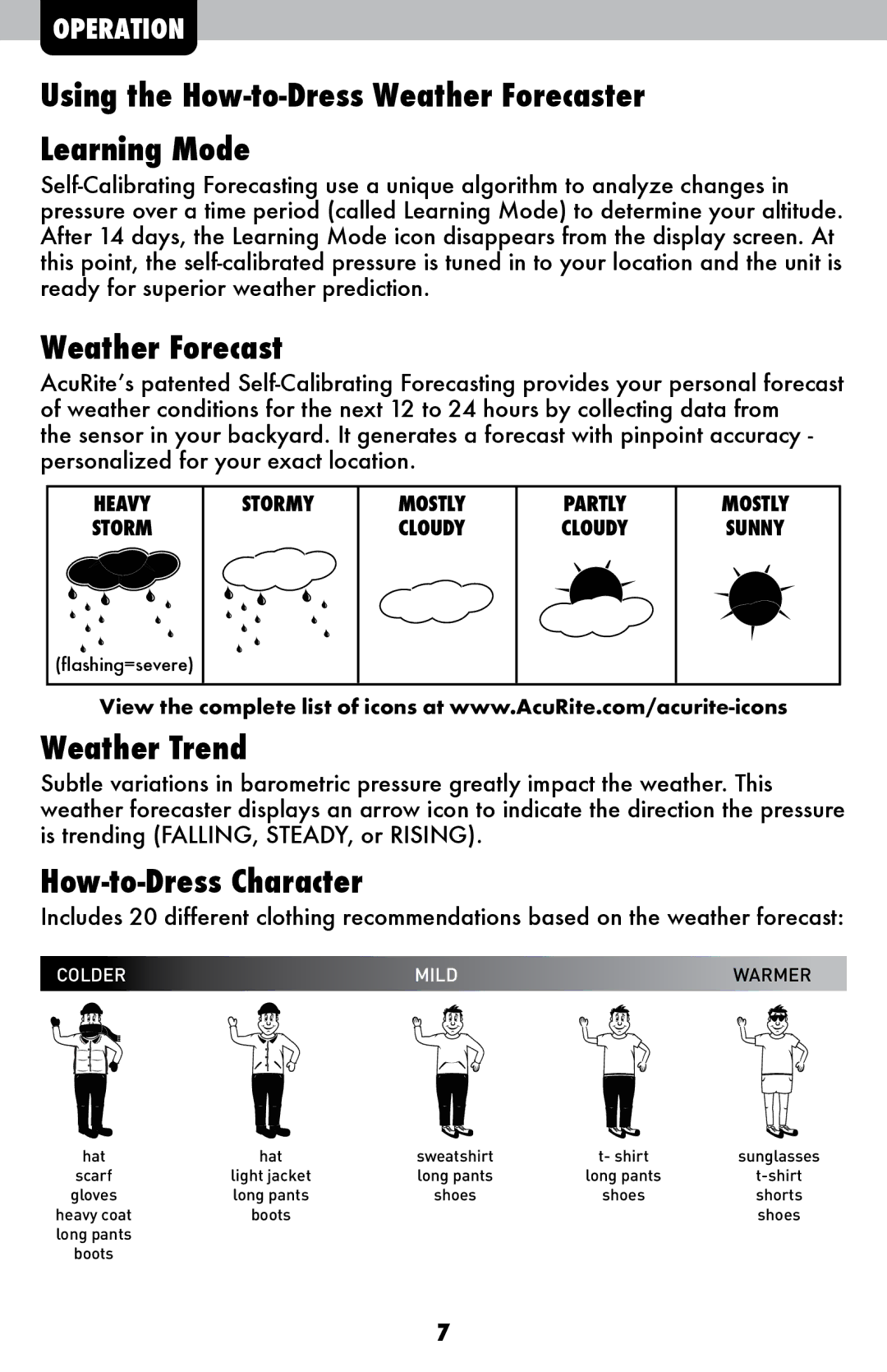 Acu-Rite 827 Using the How-to-Dress Weather Forecaster Learning Mode, Weather Trend, How-to-Dress Character 