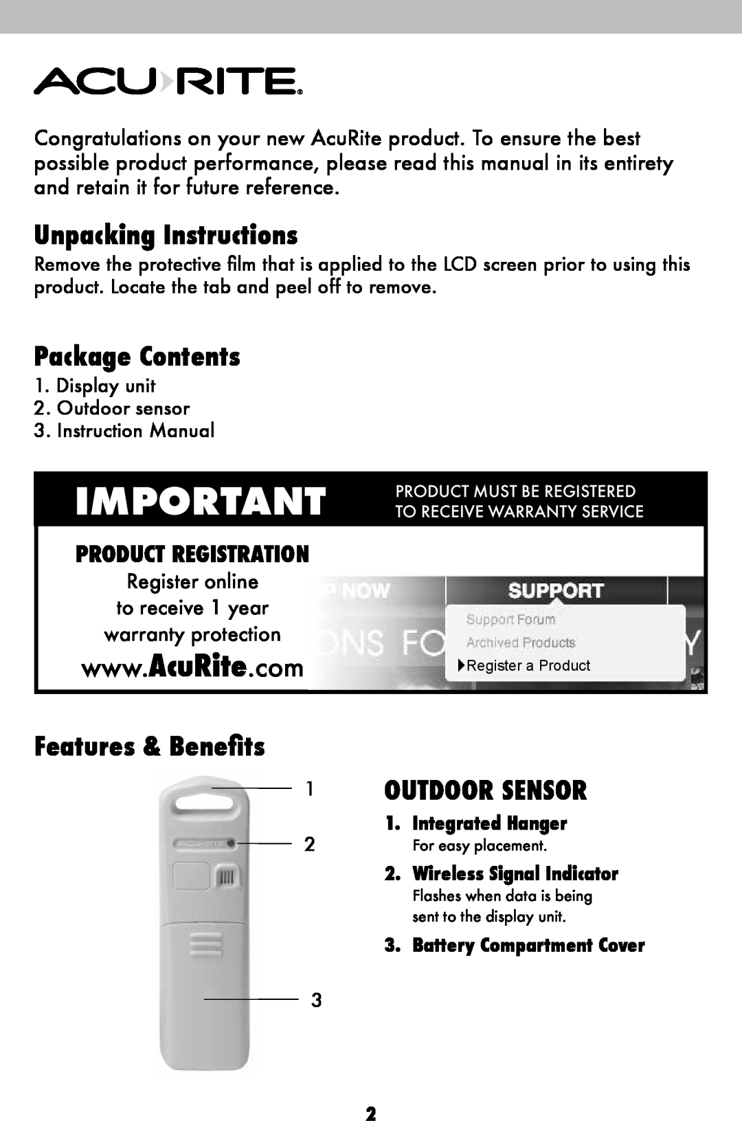 Acu-Rite 827 Unpacking Instructions, Package Contents, Features & Benefits 1 OUTDOOR SENSOR, to receive 1 year 