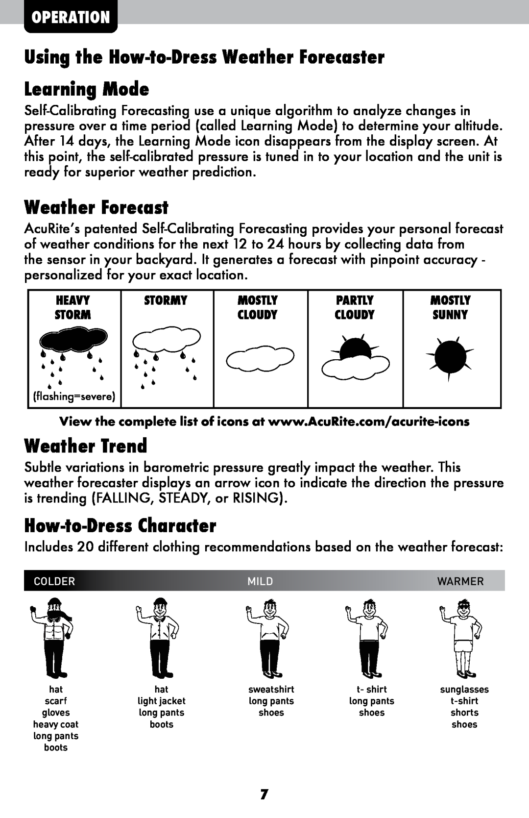 Acu-Rite 827 Using the How-to-Dress Weather Forecaster Learning Mode, Weather Trend, How-to-Dress Character, Operation 