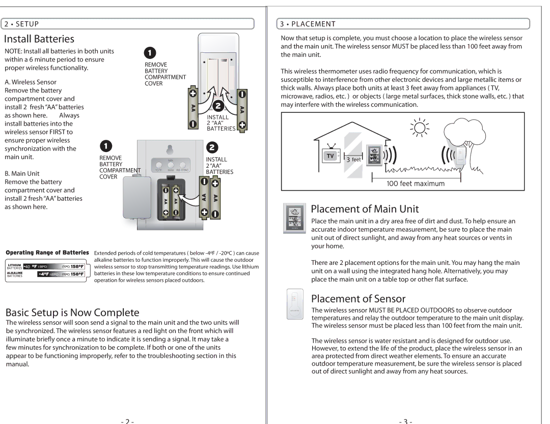 Acu-Rite 832 Install Batteries, Placement of Main Unit, Basic Setup is Now Complete, Placement of Sensor, Setup Placement 