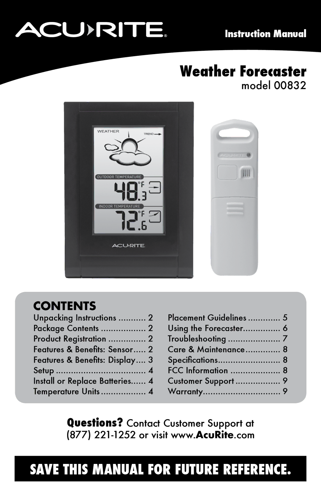 Acu-Rite 832 instruction manual Weather Forecaster, Contents 