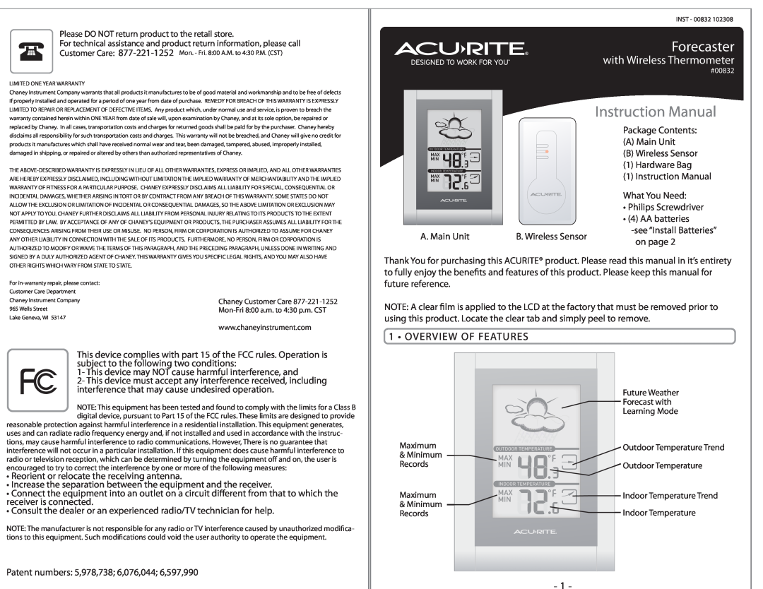 Acu-Rite 832 instruction manual Overview Of Features, Instruction Manual, Forecaster, with Wireless Thermometer 
