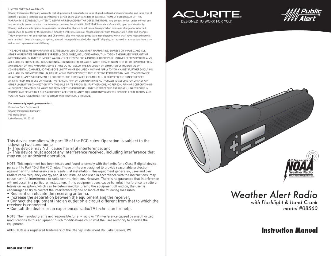 Acu-Rite #08560 instruction manual Weather Alert Radio 