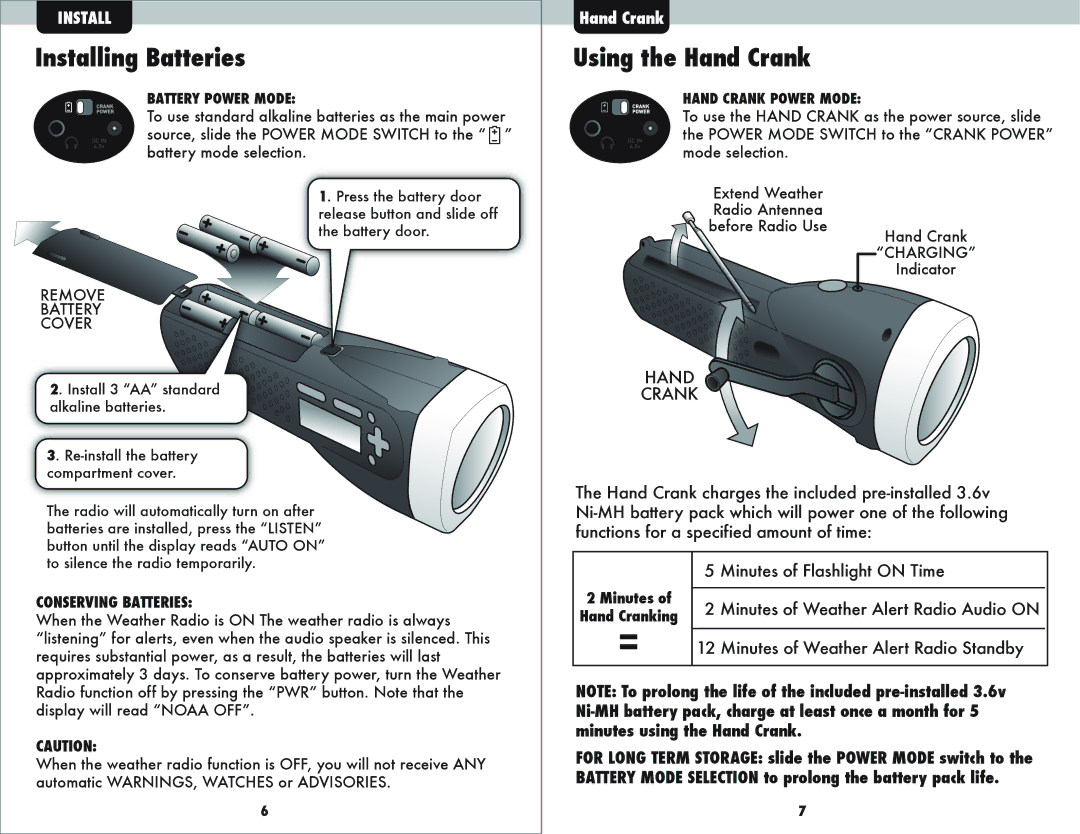 Acu-Rite #08560 instruction manual Installing Batteries, Using the Hand Crank, Remove Battery Cover, Charging 