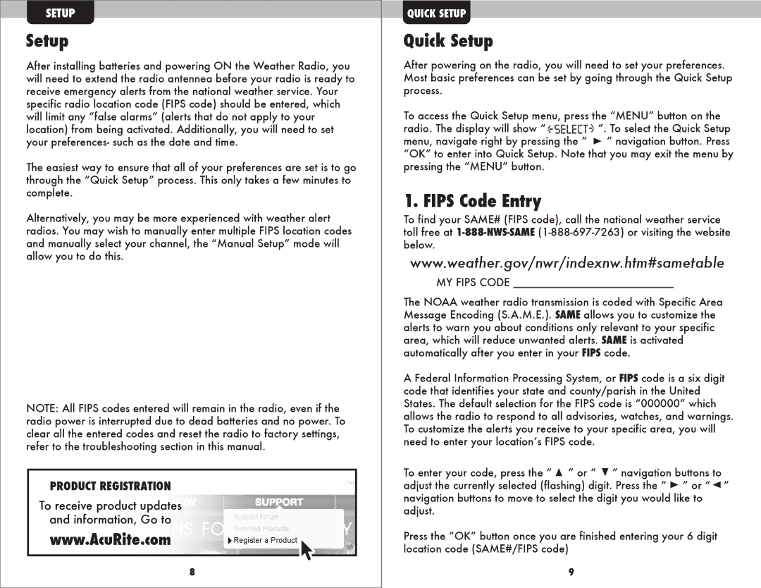 Acu-Rite #08560 instruction manual Quick Setup, Fips Code Entry, MY Fips Code 