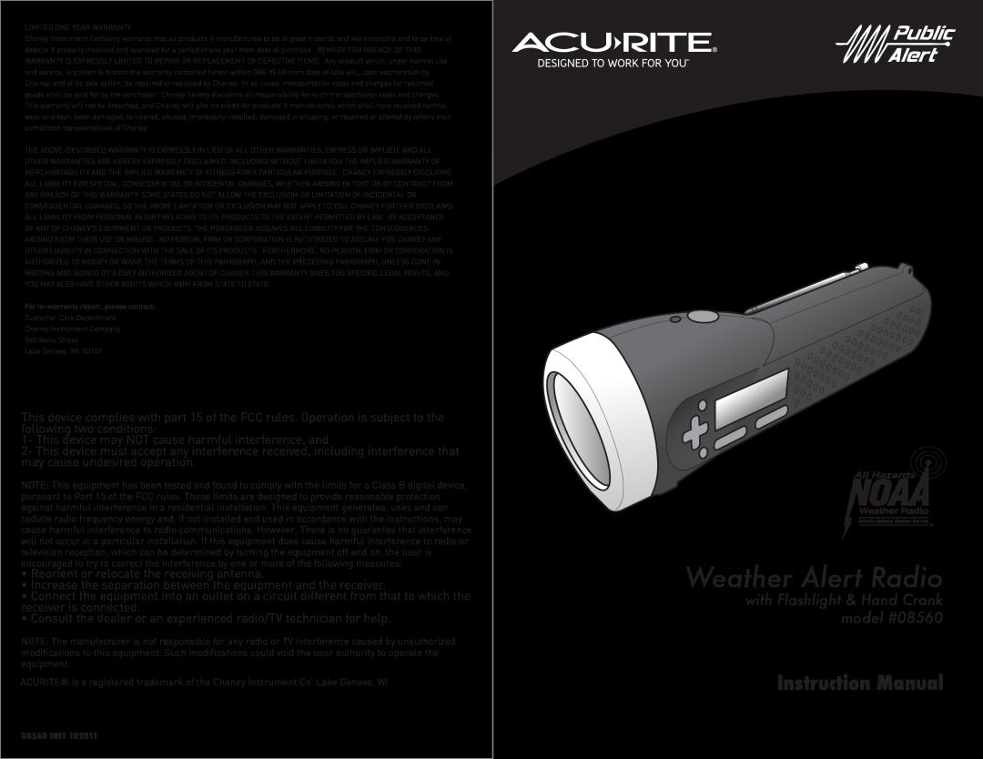 Acu-Rite instruction manual with Flashlight & Hand Crank model #08560, Weather Alert Radio 