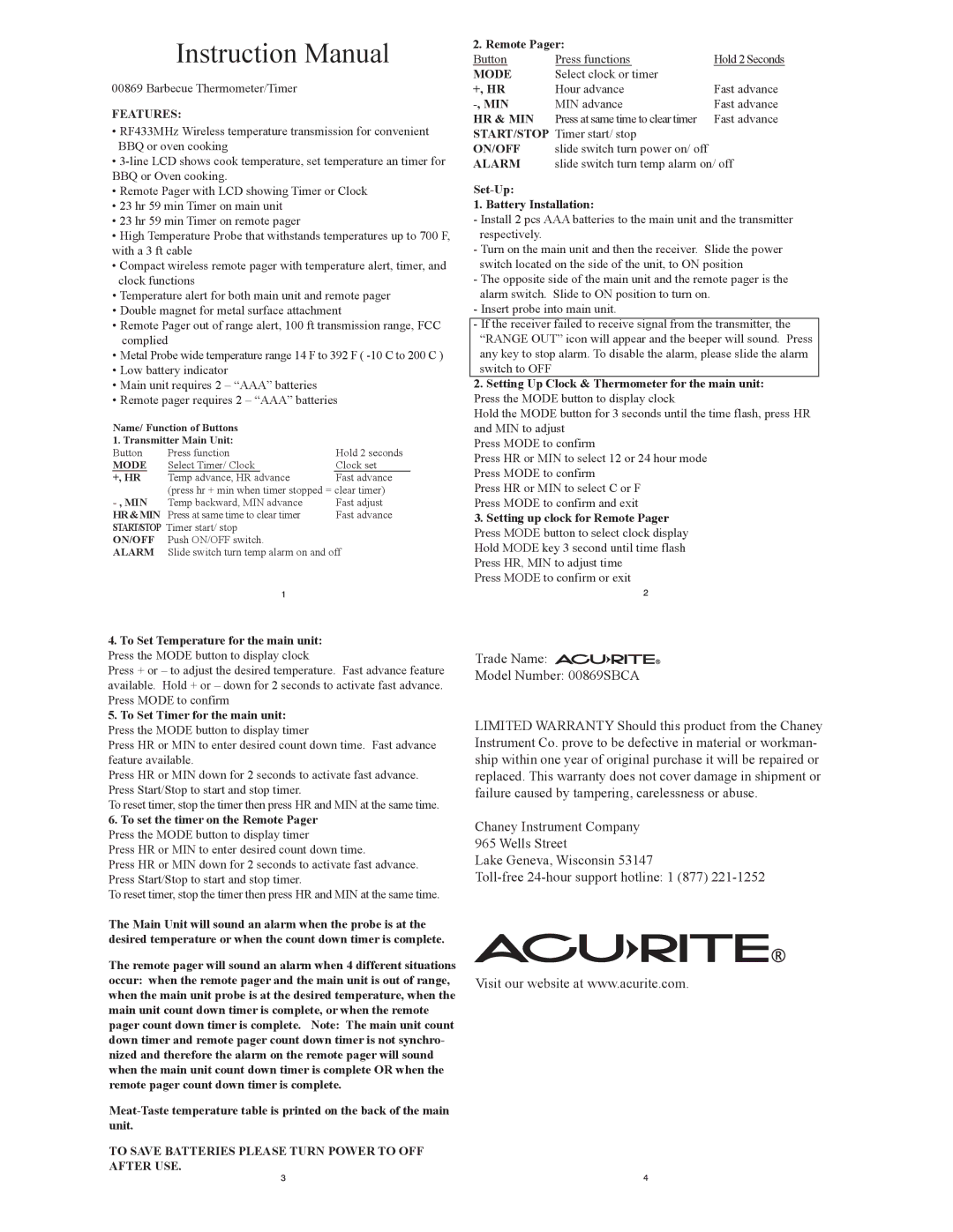 Acu-Rite 869 instruction manual Features, To Save Batteries Please Turn Power to OFF After USE, Mode, Hr & Min, On/Off 