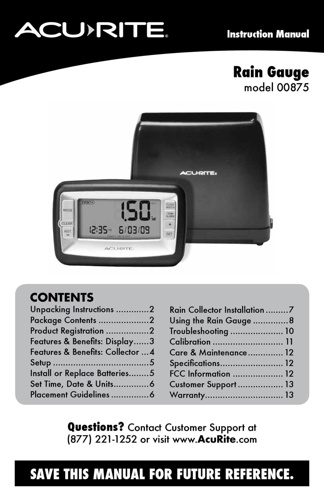 Acu-Rite 875 instruction manual Rain Gauge 