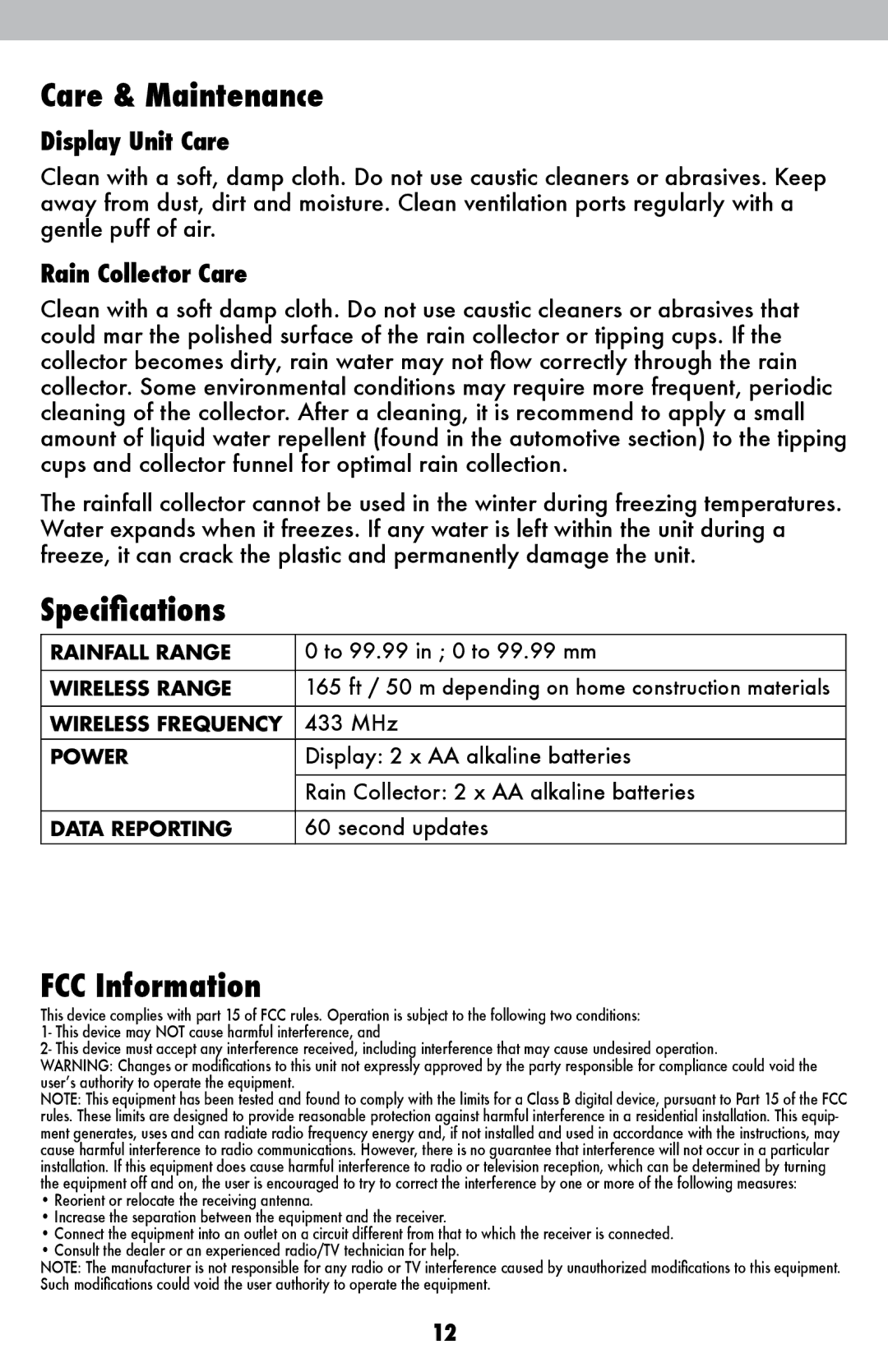 Acu-Rite 875 instruction manual Care & Maintenance, Specifications, FCC Information 