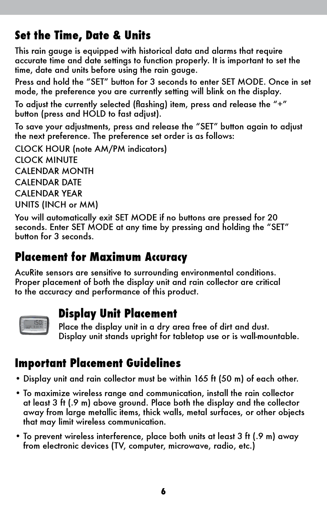 Acu-Rite 875 instruction manual Set the Time, Date & Units, Placement for Maximum Accuracy, Display Unit Placement 