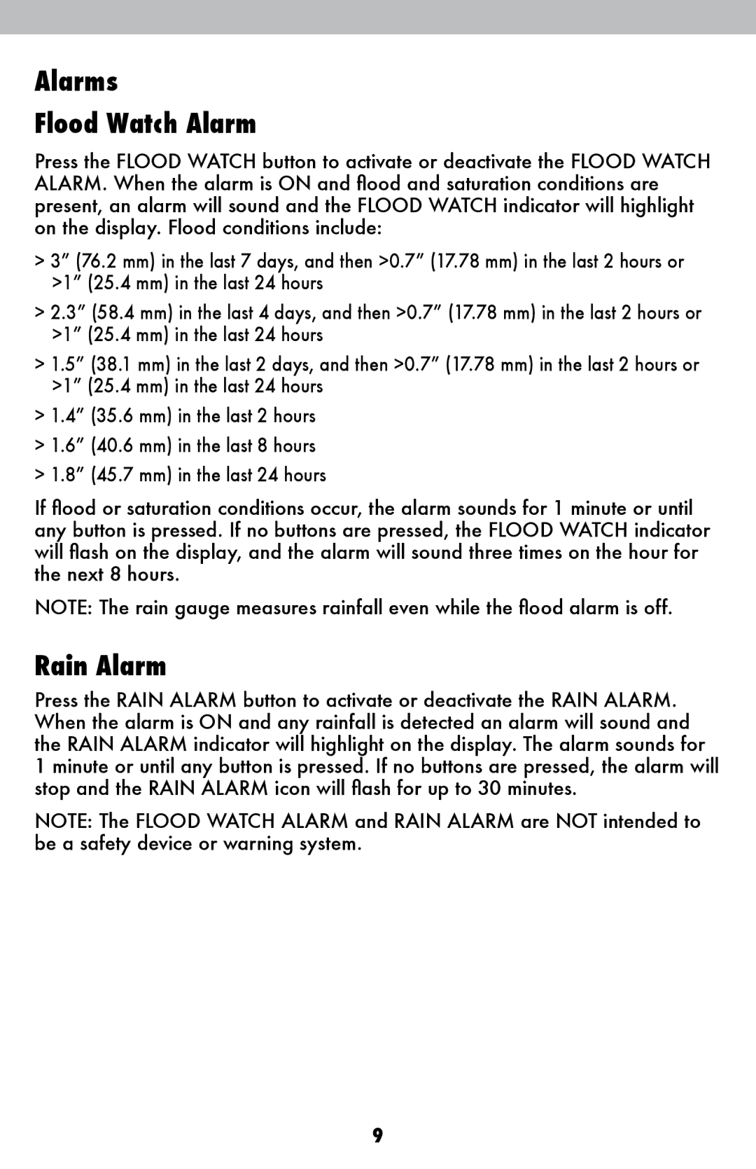 Acu-Rite 875 instruction manual Alarms Flood Watch Alarm, Rain Alarm 