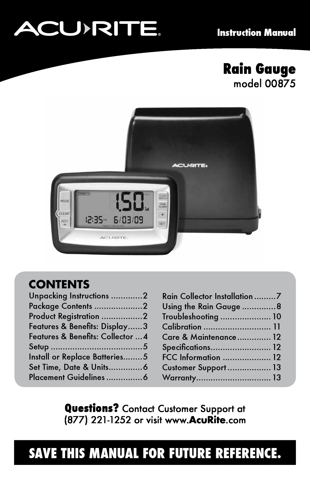 Acu-Rite 875 instruction manual Contents, model, Rain Gauge, Save This Manual For Future Reference 