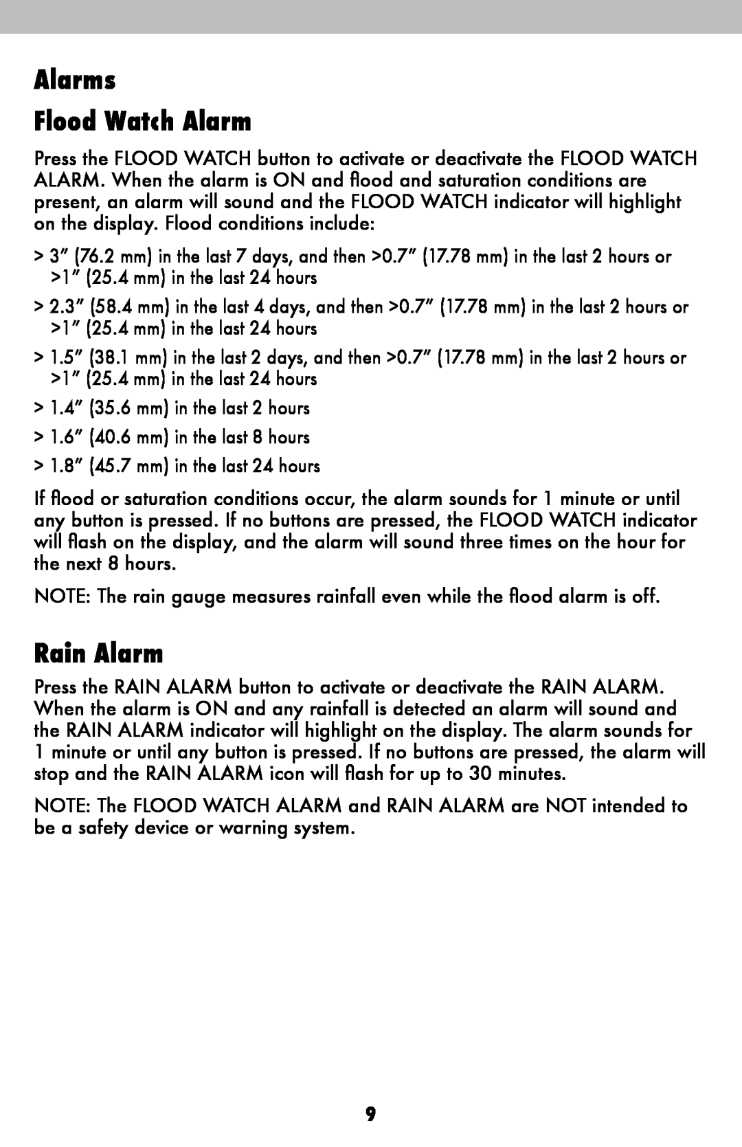 Acu-Rite 875 instruction manual Alarms Flood Watch Alarm, Rain Alarm 