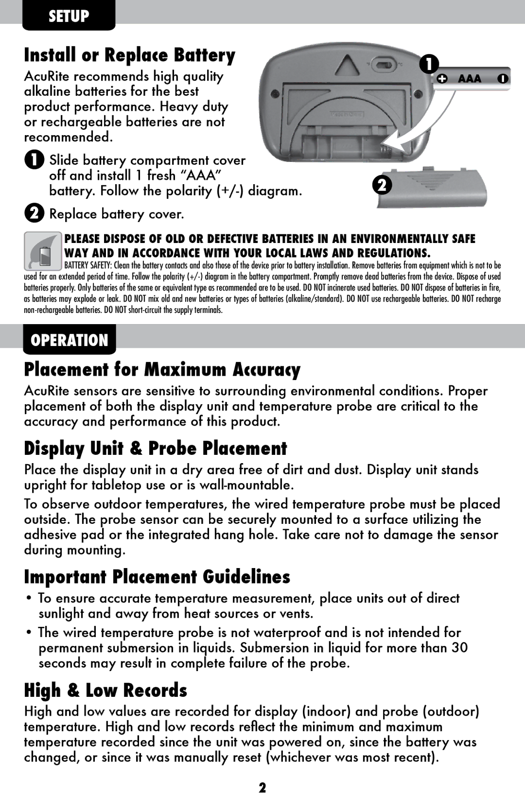 Acu-Rite 888 instruction manual Install or Replace Battery, Placement for Maximum Accuracy, Display Unit & Probe Placement 