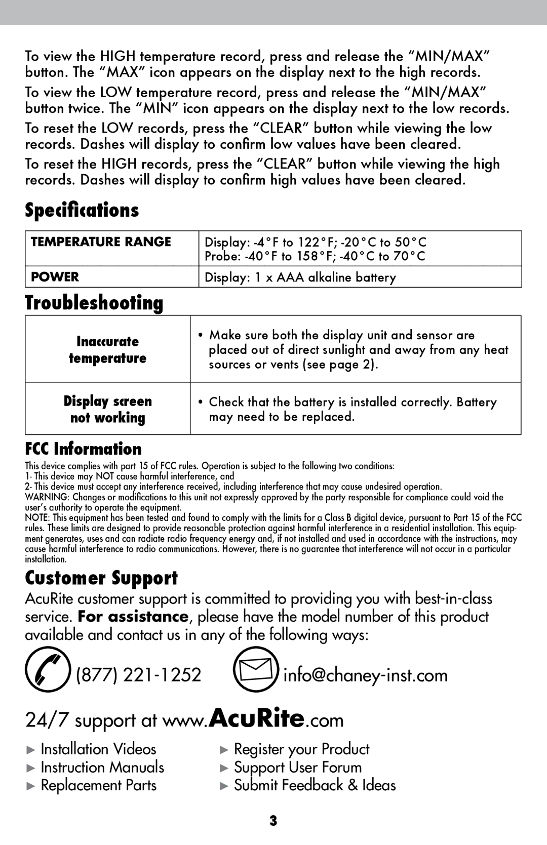 Acu-Rite 888 Specifications, Troubleshooting, Customer Support, 877 221-1252 info@chaney-inst.com, FCC Information 