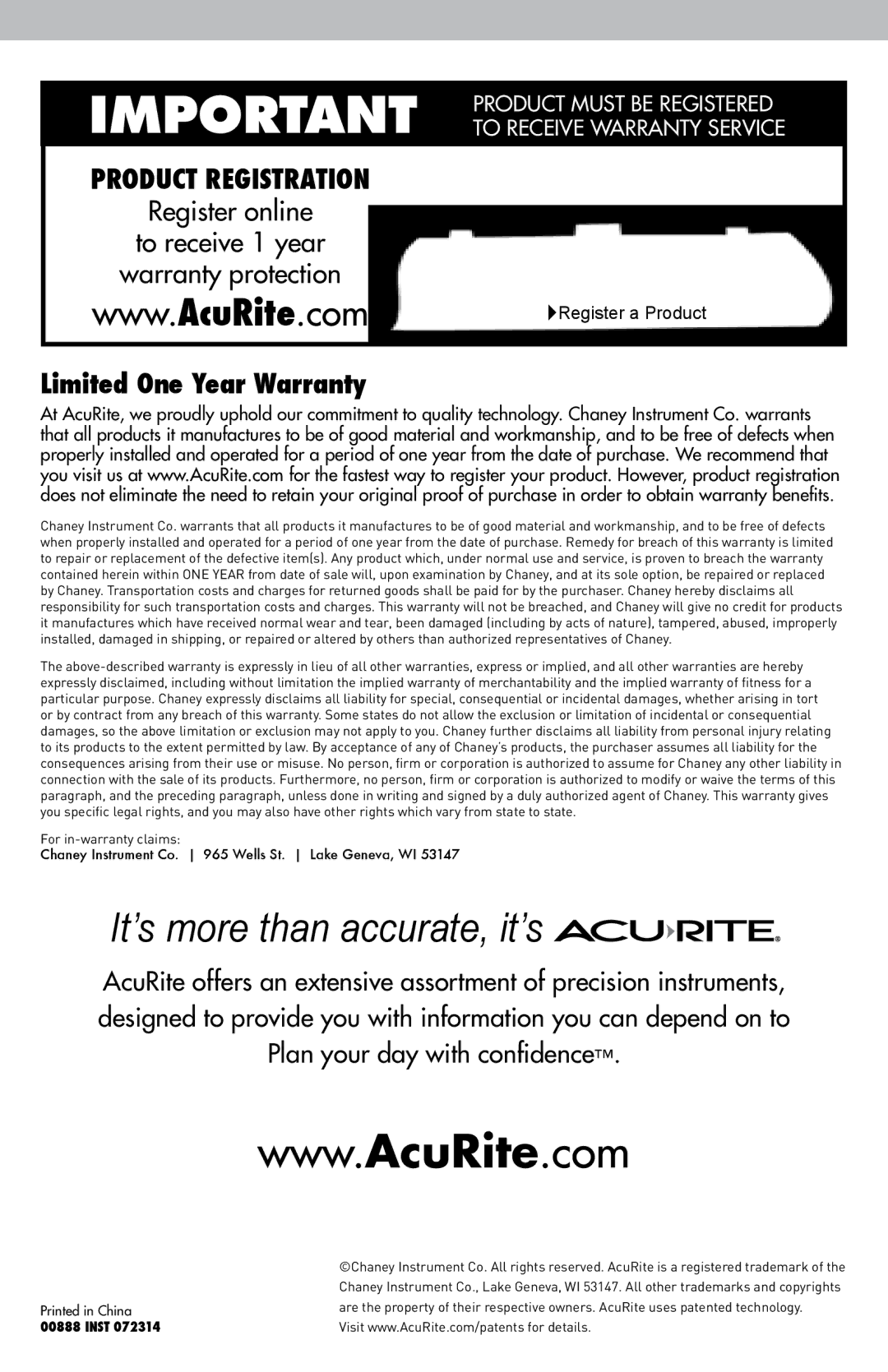 Acu-Rite 888 instruction manual Product Registration, Limited One Year Warranty 