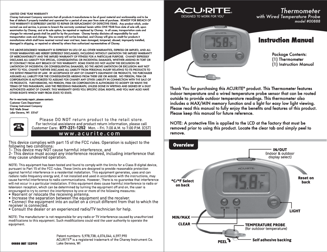 Acu-Rite 888 instruction manual Unpacking Instructions, Package Contents, Features & Benefits, Display, model 