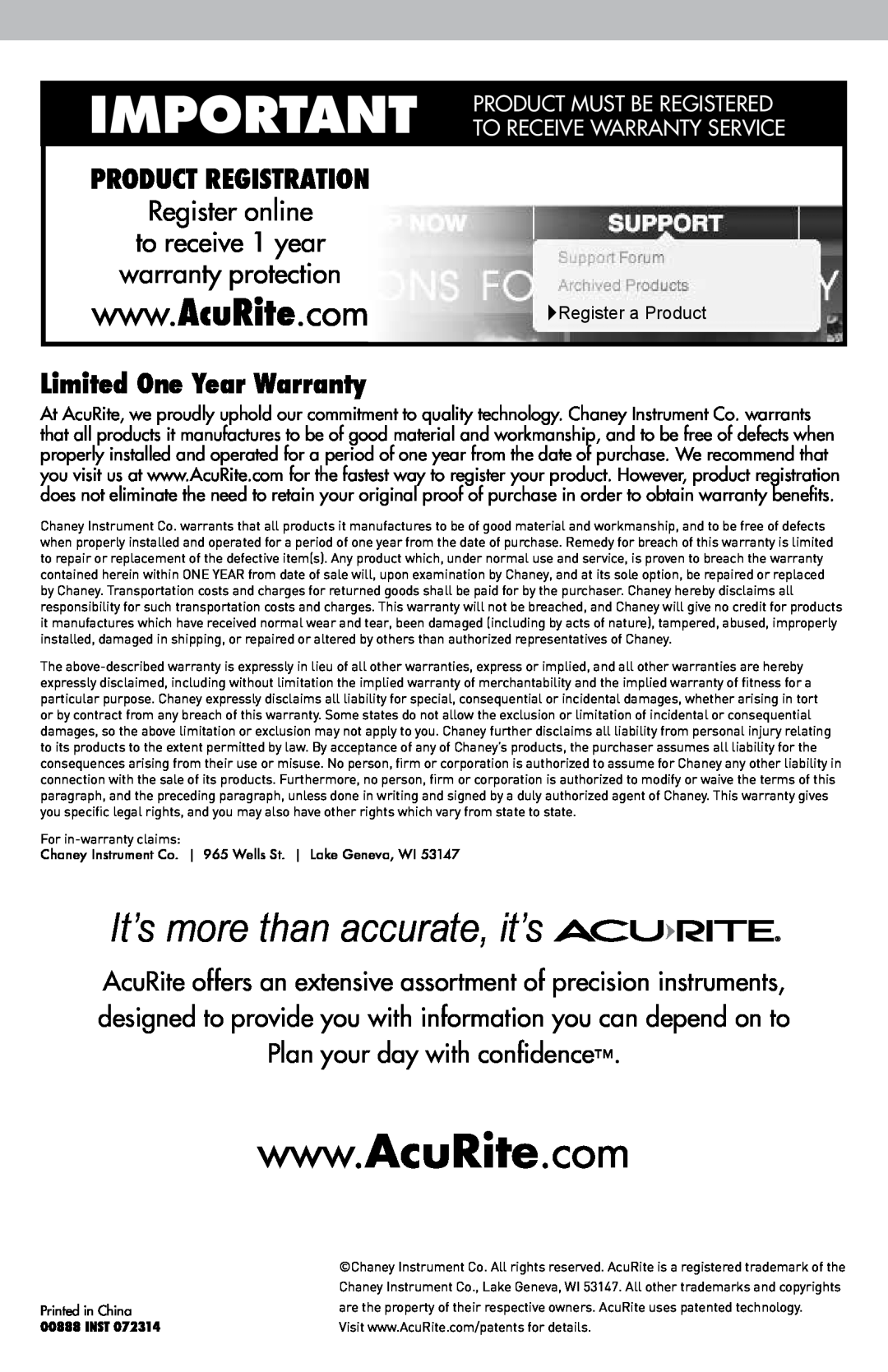 Acu-Rite 888 Product Registration, Limited One Year Warranty, It’s more than accurate, it’s, Register a Product, Inst 