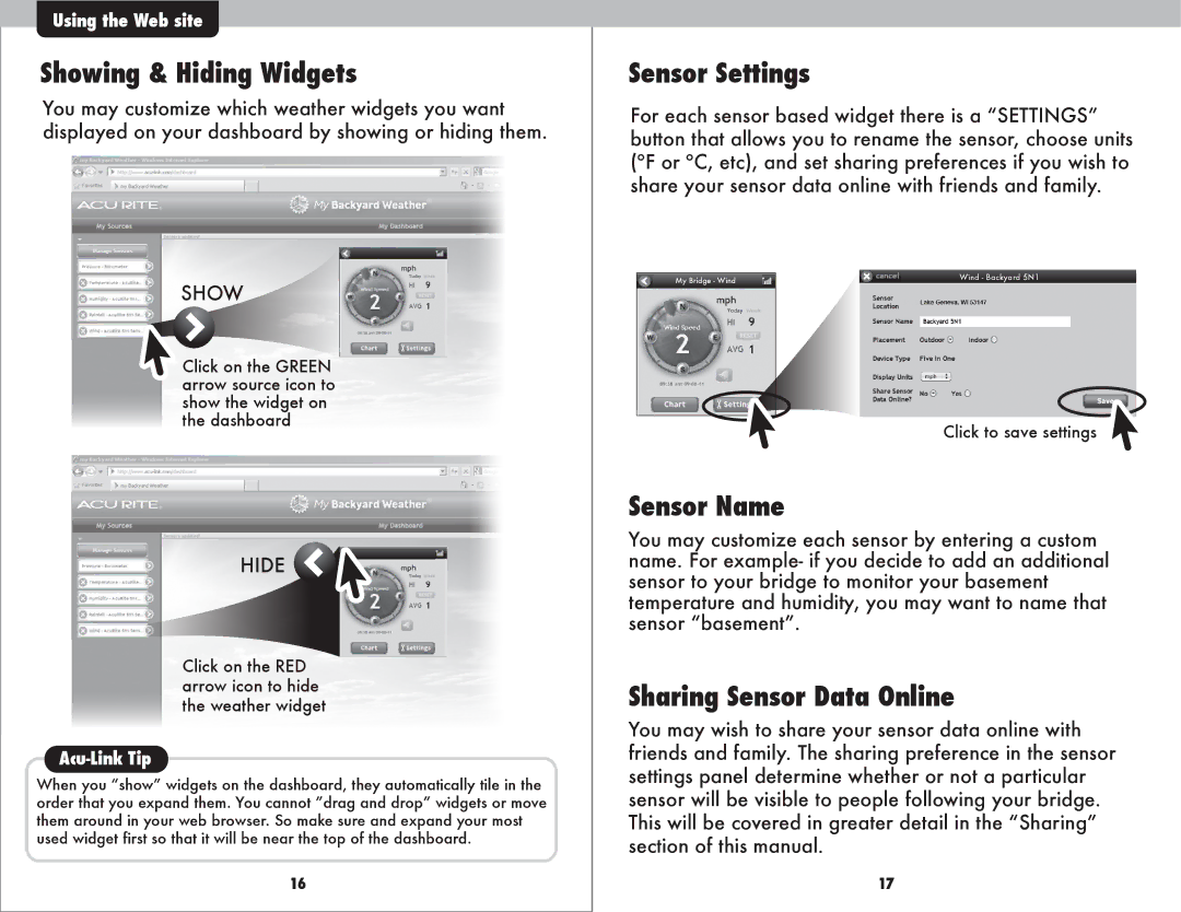 Acu-Rite 9150 instruction manual Showing & Hiding Widgets, Sensor Settings, Sensor Name, Sharing Sensor Data Online 