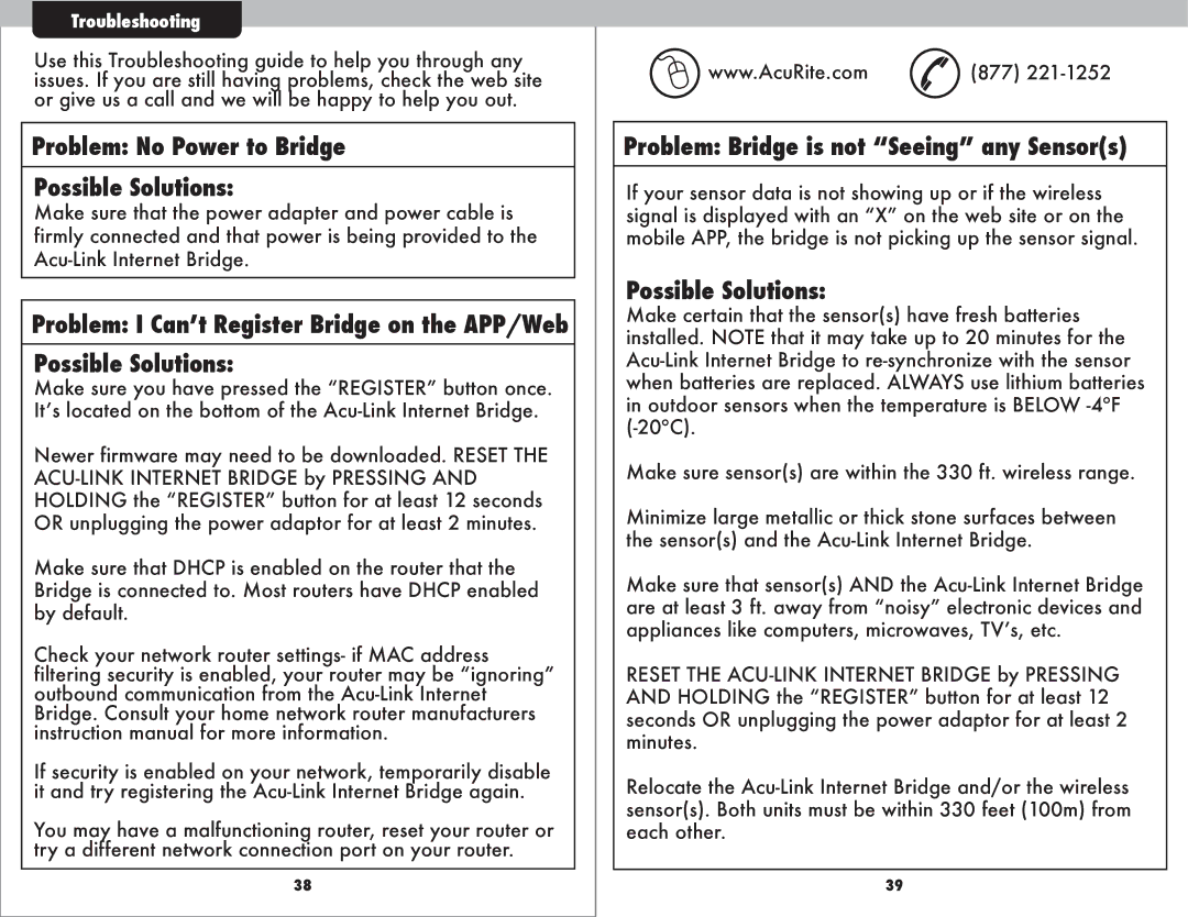 Acu-Rite 9150 instruction manual Problem No Power to Bridge Possible Solutions, Problem Bridge is not Seeing any Sensors 