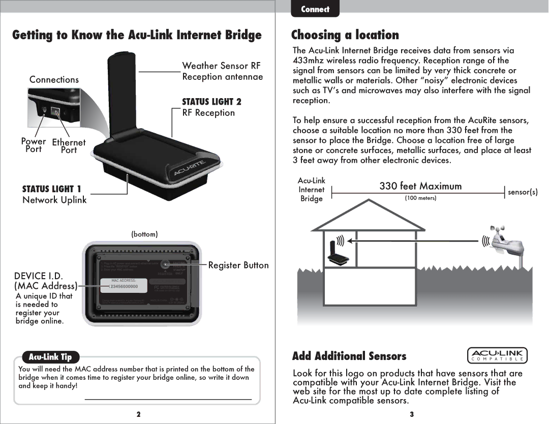 Acu-Rite 9150 instruction manual Getting to Know the Acu-Link Internet Bridge, Choosing a location, Add Additional Sensors 