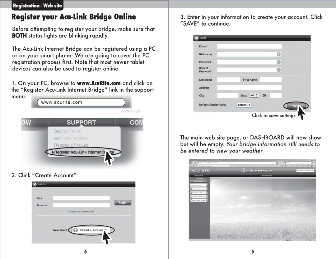 Acu-Rite 9150 instruction manual Register your Acu-Link Bridge Online 