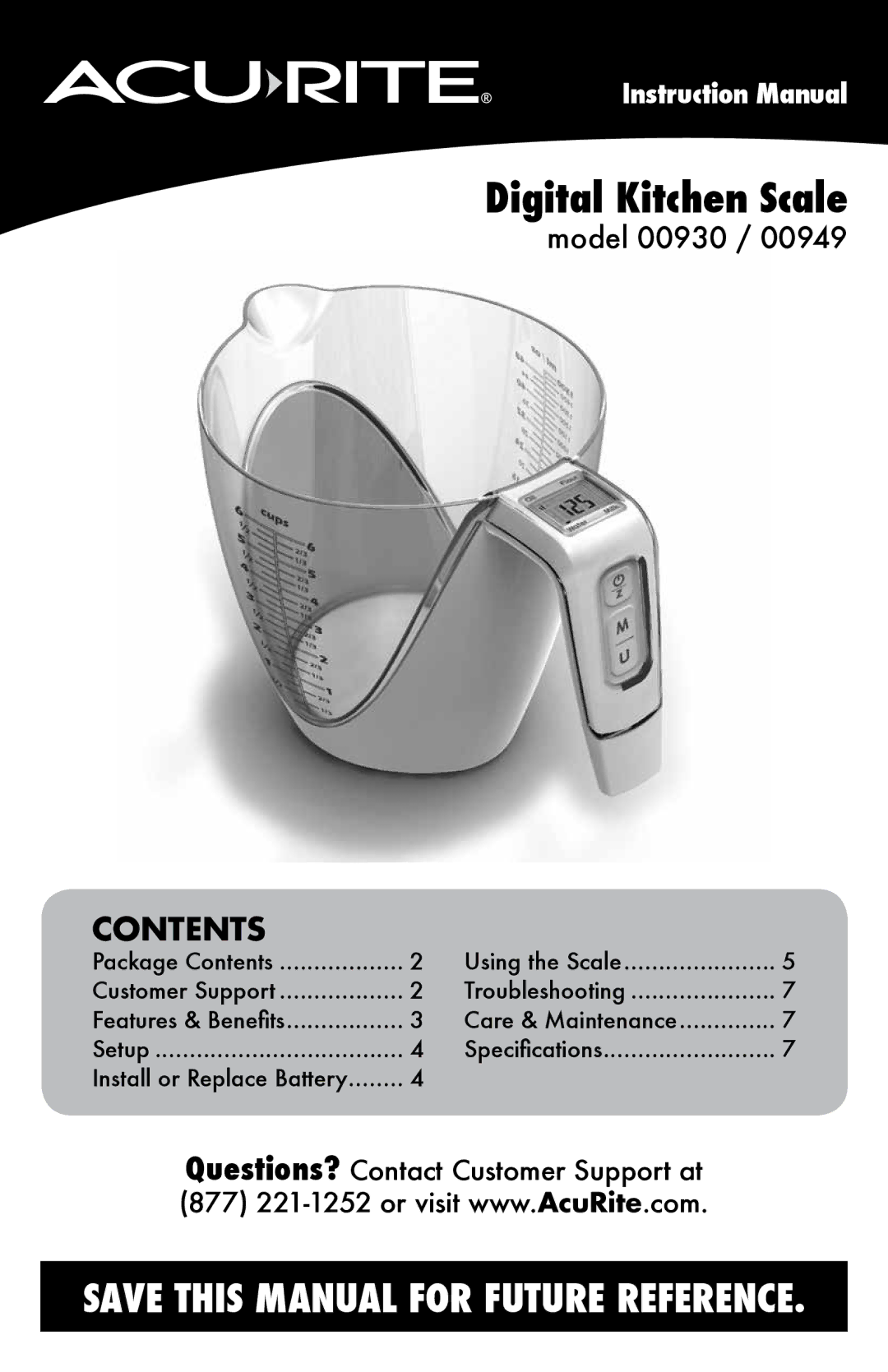 Acu-Rite 949, 930 instruction manual Digital Kitchen Scale, Contents 