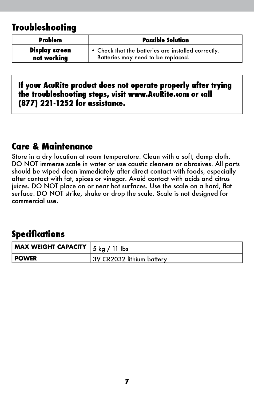 Acu-Rite 949, 930 instruction manual Troubleshooting, Care & Maintenance, Specifications 