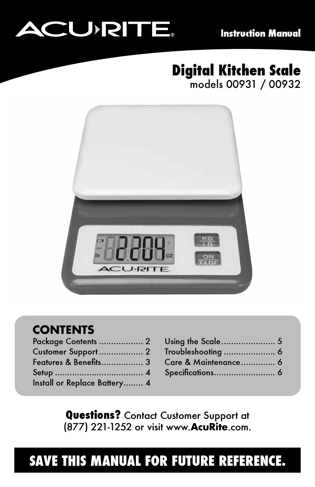 Acu-Rite 931, 932 instruction manual Digital Kitchen Scale, Contents 