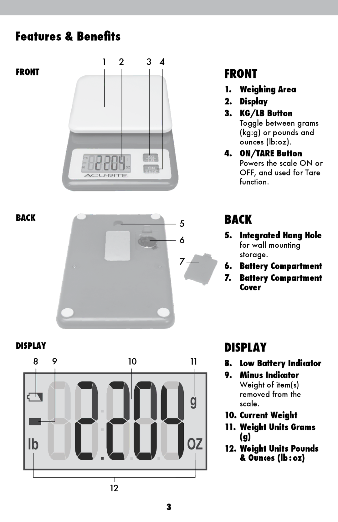 Acu-Rite 931, 932 instruction manual Features & Benefits, Front, Back, Display 