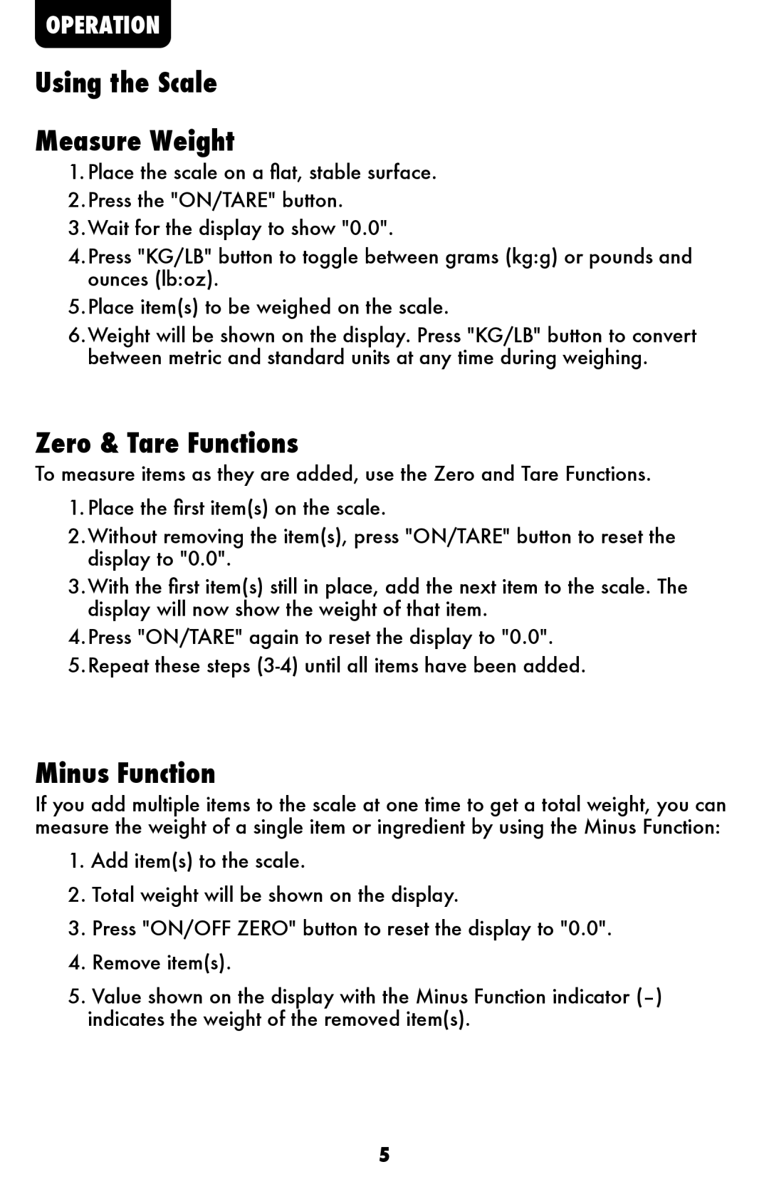 Acu-Rite 931, 932 instruction manual Using the Scale Measure Weight, Zero & Tare Functions, Minus Function 