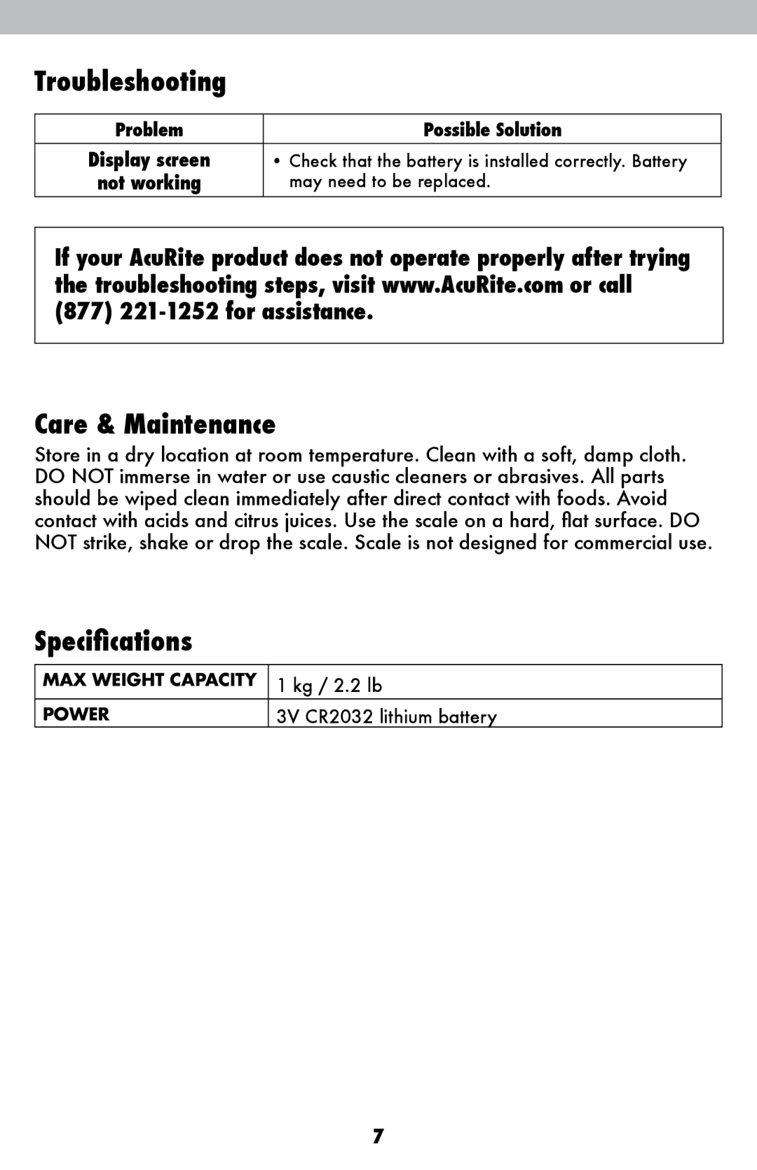 Acu-Rite 931, 932 instruction manual Troubleshooting, Care & Maintenance, Specifications 