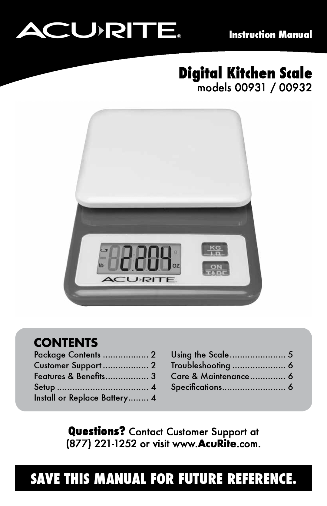 Acu-Rite 932 instruction manual Contents, models 00931, Instruction Manual, Digital Kitchen Scale 