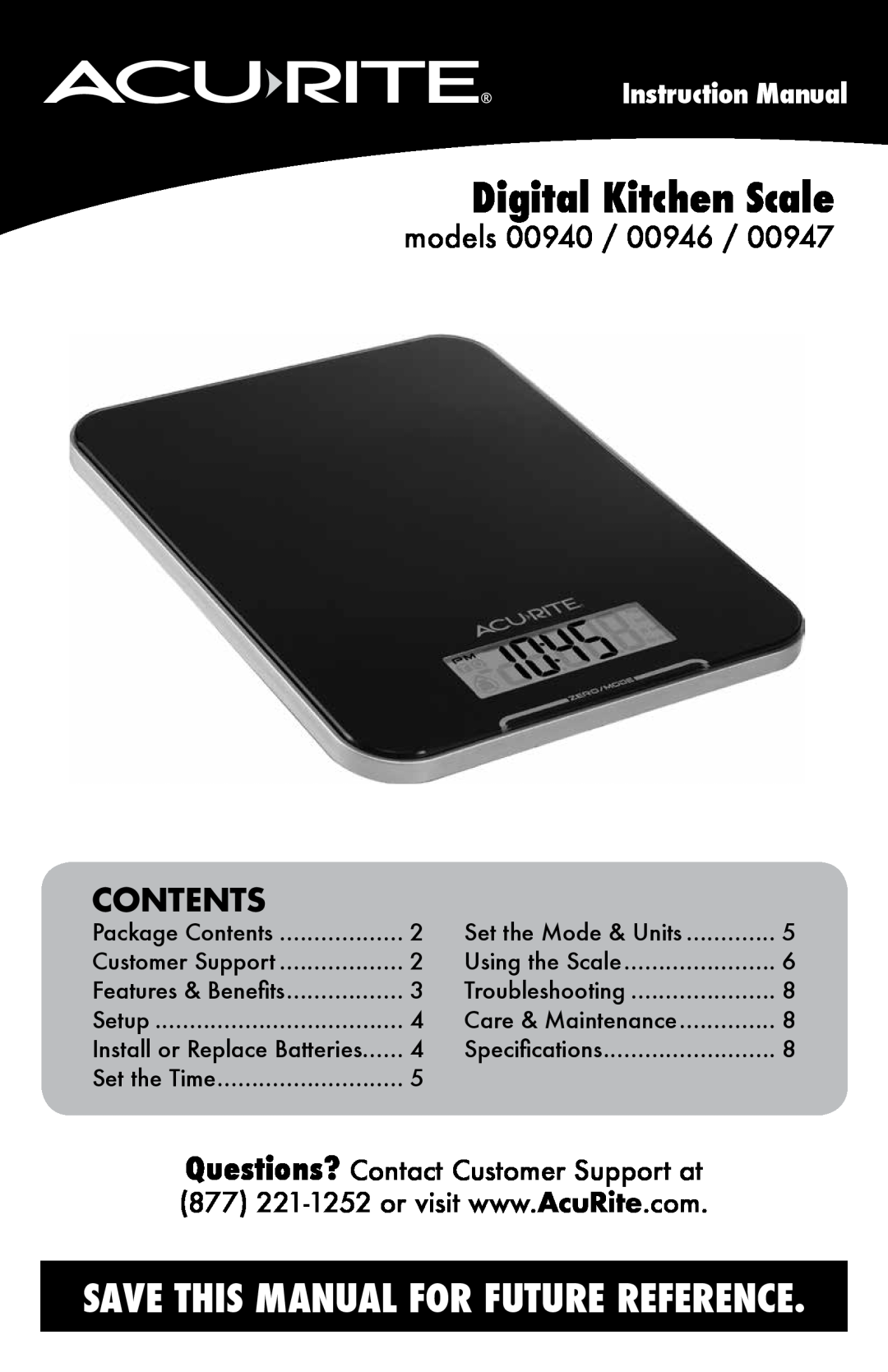 Acu-Rite 947 instruction manual Contents, models 00940 / 00946, Instruction Manual, Digital Kitchen Scale 