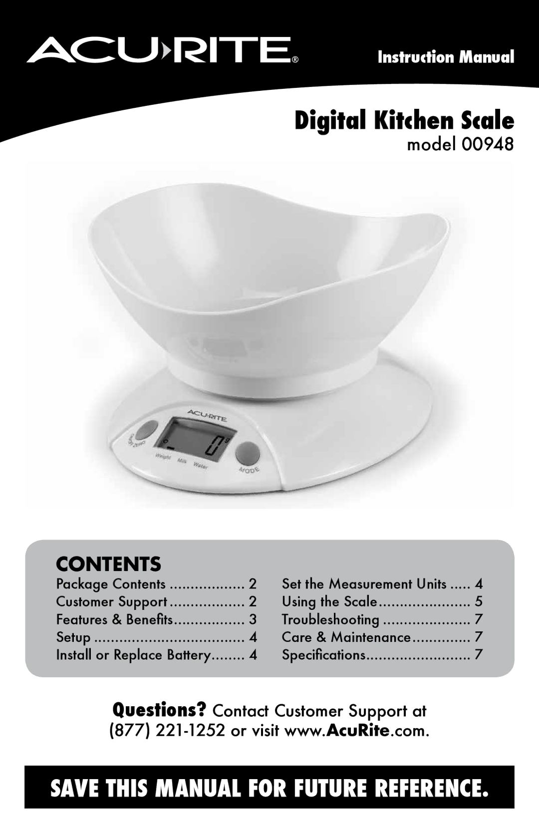 Acu-Rite 948 instruction manual Digital Kitchen Scale, Contents 