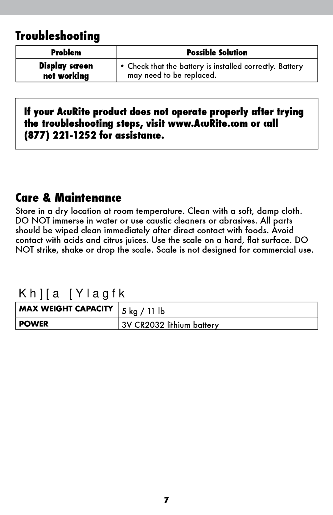 Acu-Rite 948 instruction manual Troubleshooting, Care & Maintenance, Specifications 