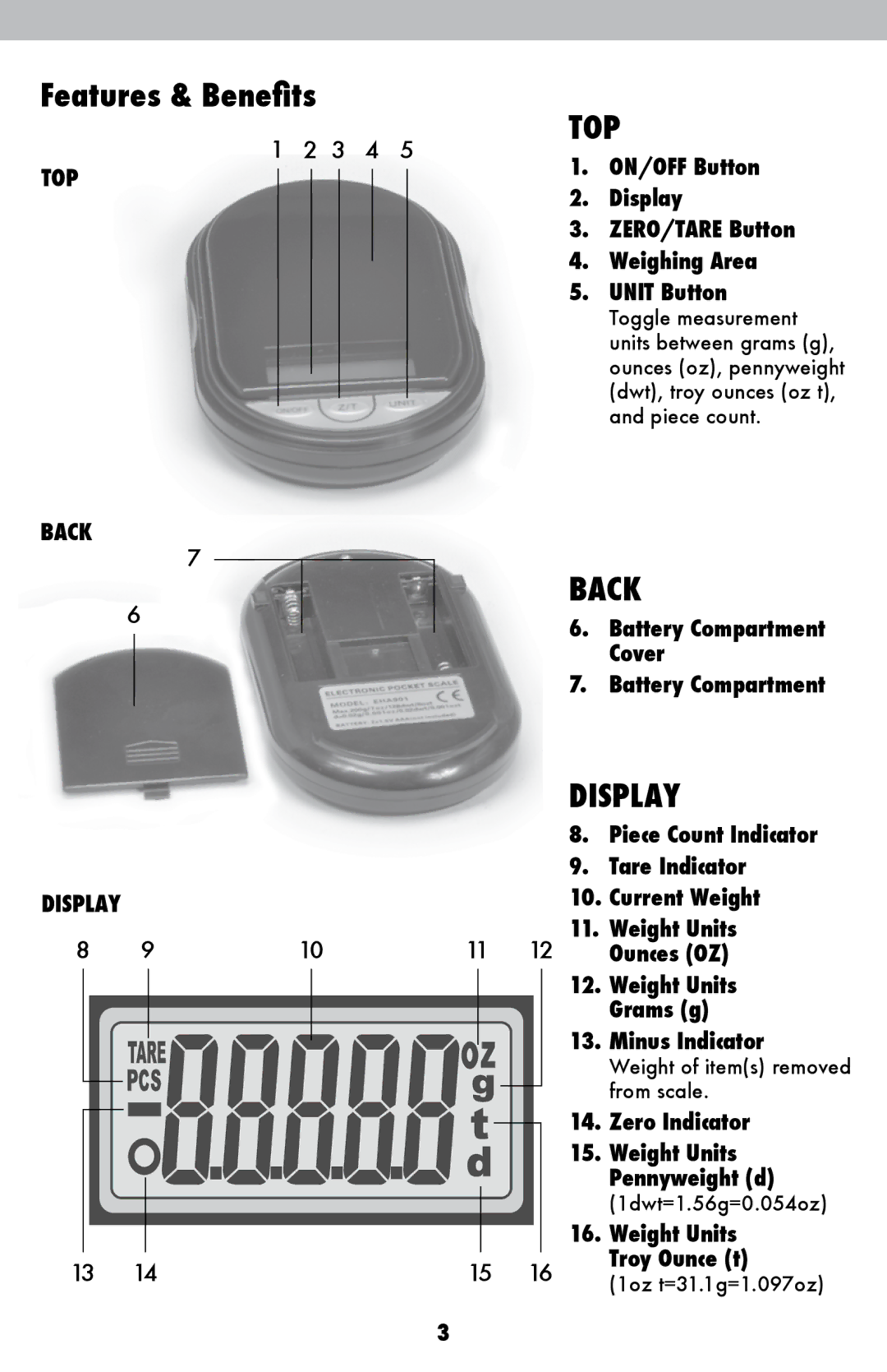 Acu-Rite 954 instruction manual Features & Benefits, Top, Back, Display 