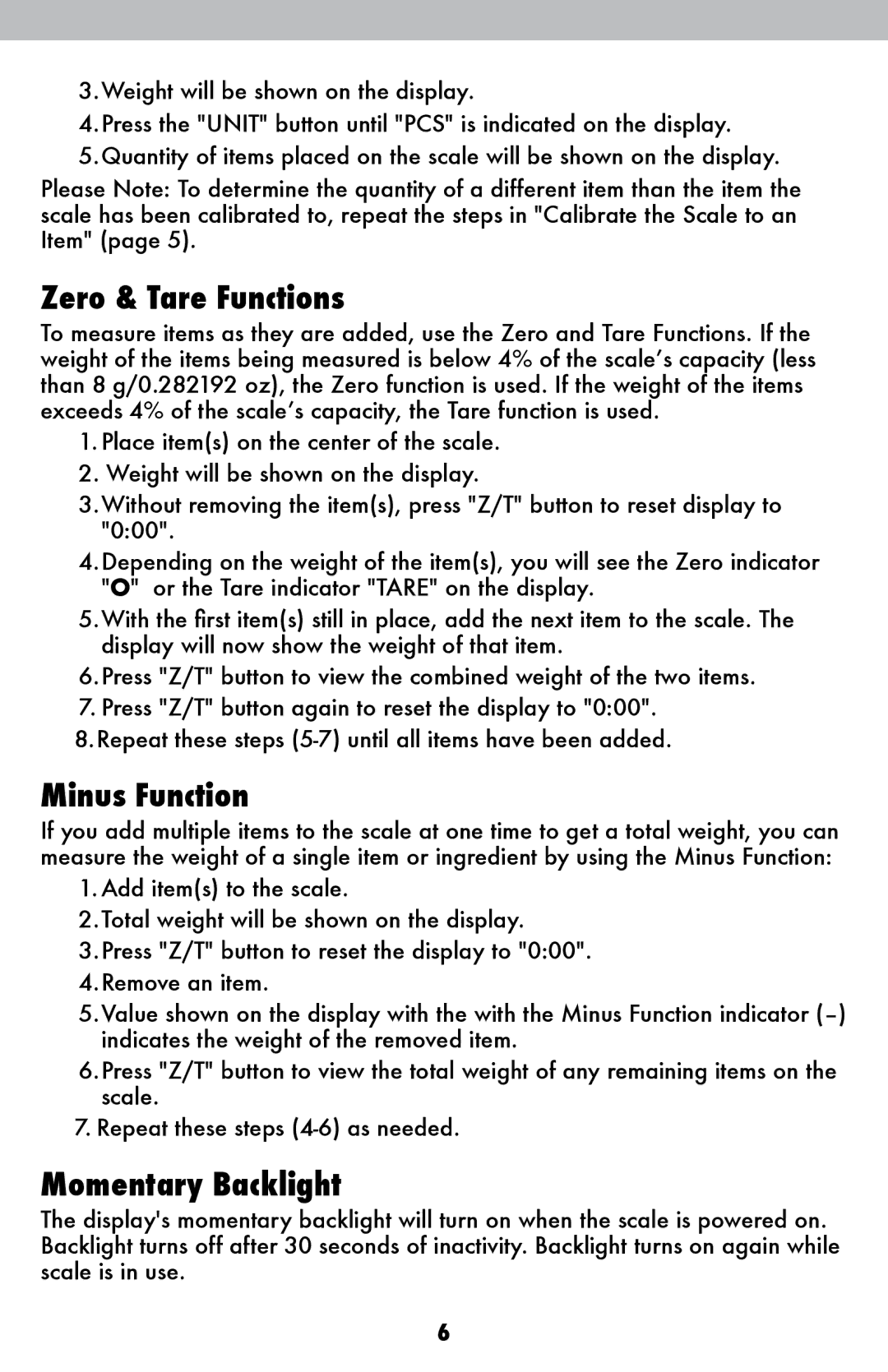 Acu-Rite 954 instruction manual Zero & Tare Functions, Minus Function, Momentary Backlight 