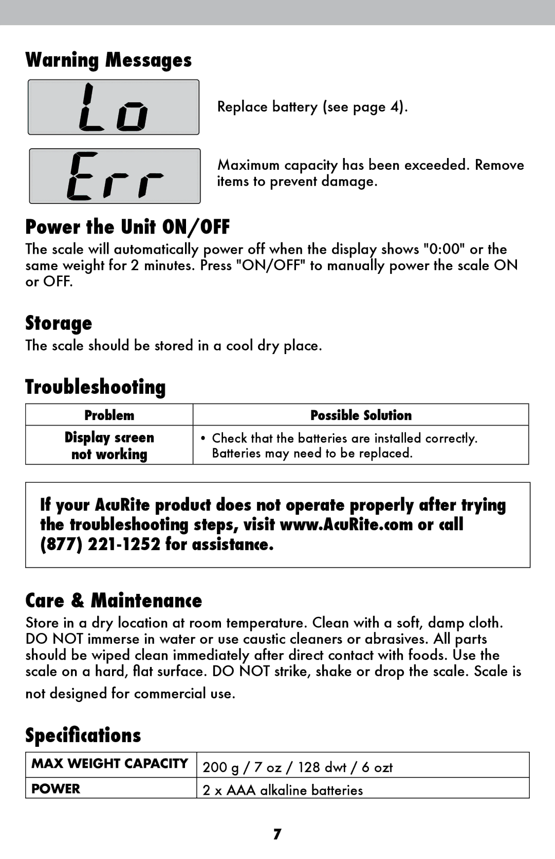 Acu-Rite 954 instruction manual Power the Unit ON/OFF, Storage, Troubleshooting, Care & Maintenance, Specifications 