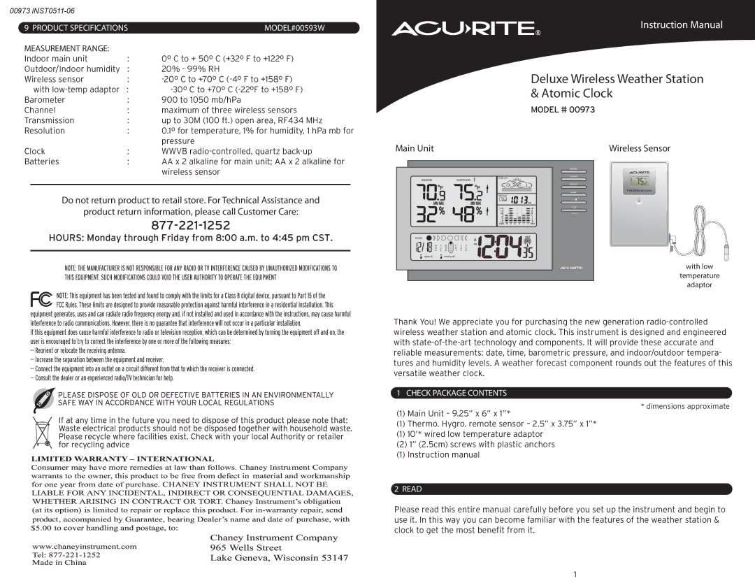 Acu-Rite 973 instruction manual Main Unit, Wireless Sensor, Product Specifications, Check Package Contents, Read 