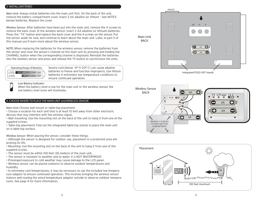 Acu-Rite 973 instruction manual Placement, Install Batteries, Low Battery Indicator 