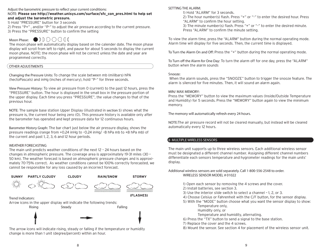 Acu-Rite 973 Other Adjustments, Weather Forecasting, Setting the Alarm, MIN/ MAX Memory, Multiple Wireless Sensors 