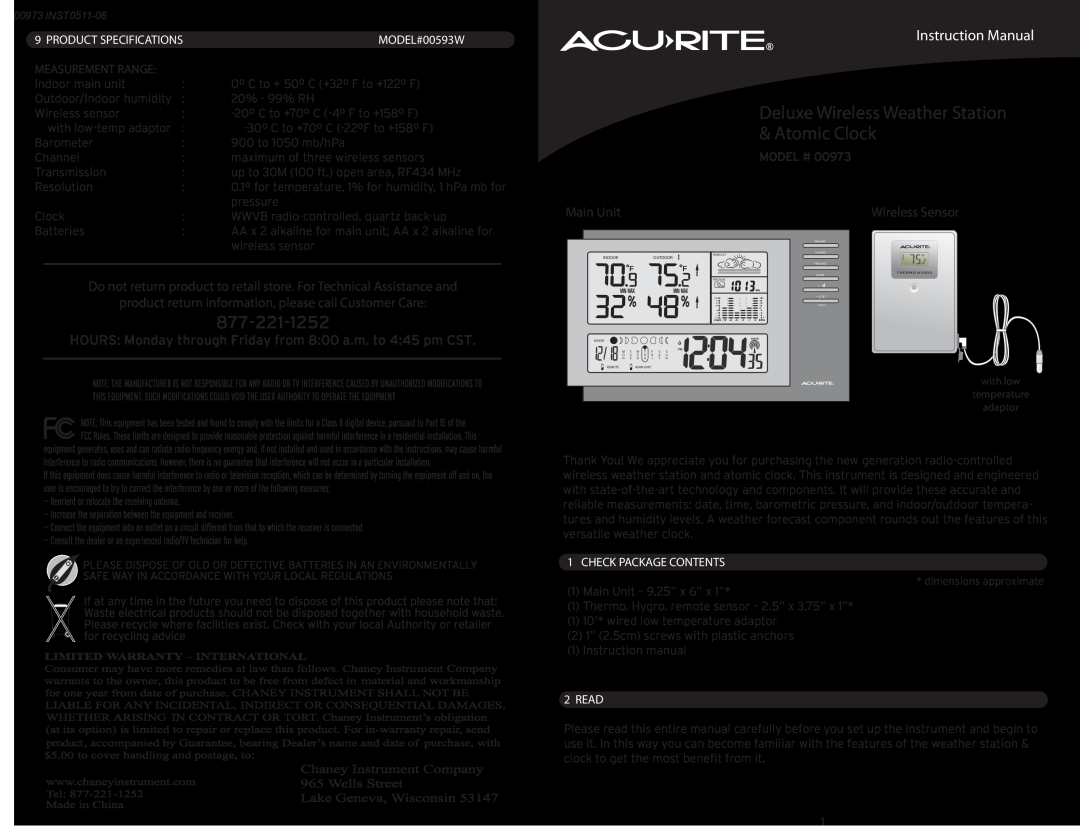 Acu-Rite 973 instruction manual Main Unit, Wireless Sensor, Product Specifications, MODEL#00593W, Measurement Range, Read 