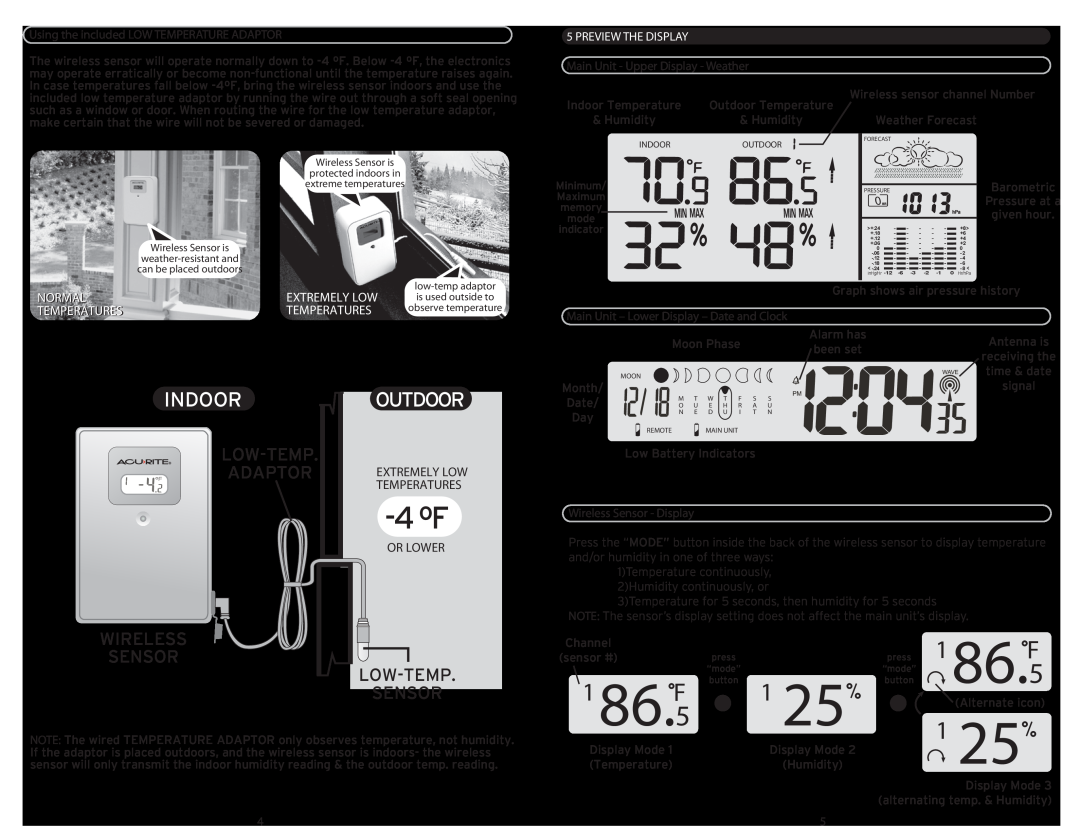 Acu-Rite 973 Or Lower, Using the included LOW TEMPERATURE ADAPTOR, Preview The Display, Barometric, Pressure at a, 86.5 