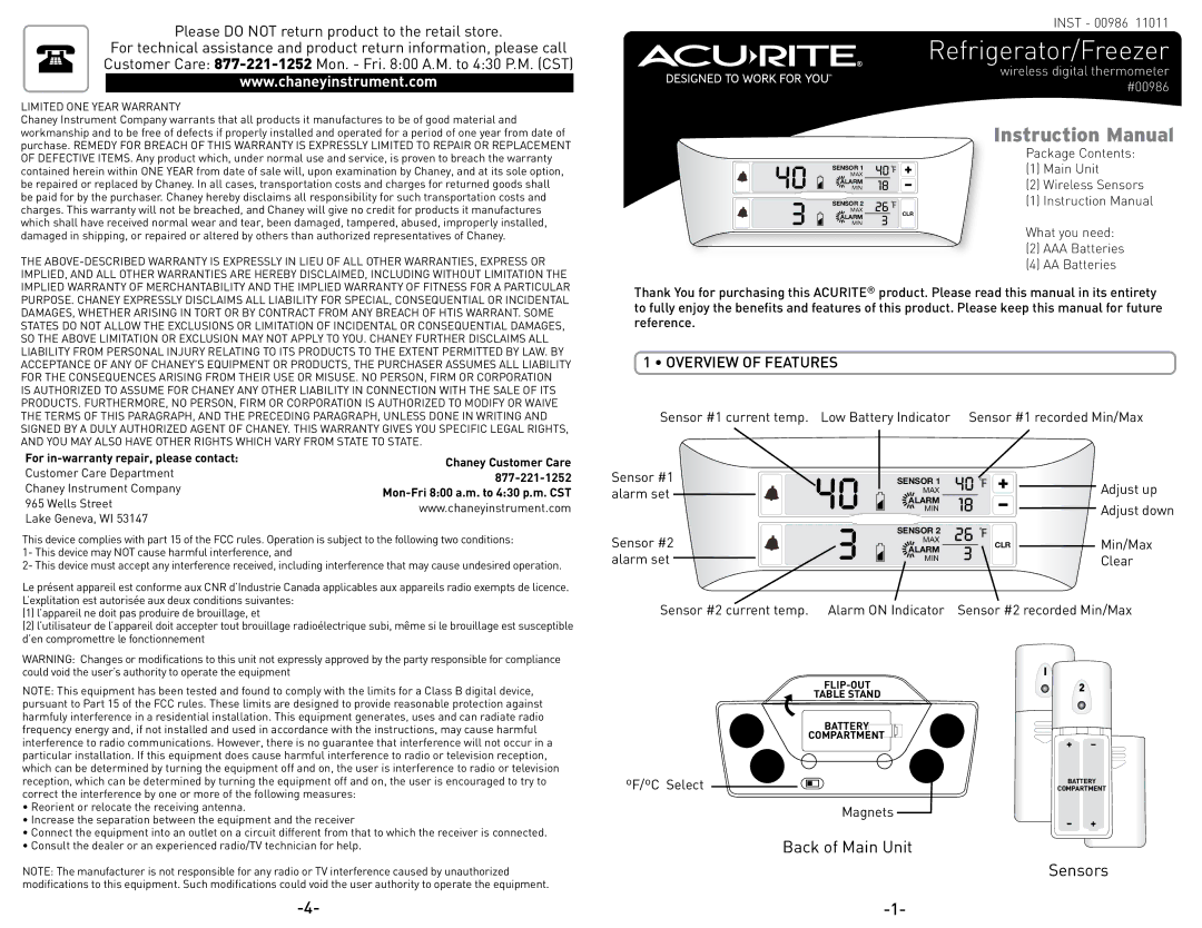 Acu-Rite 986 instruction manual Refrigerator/Freezer 