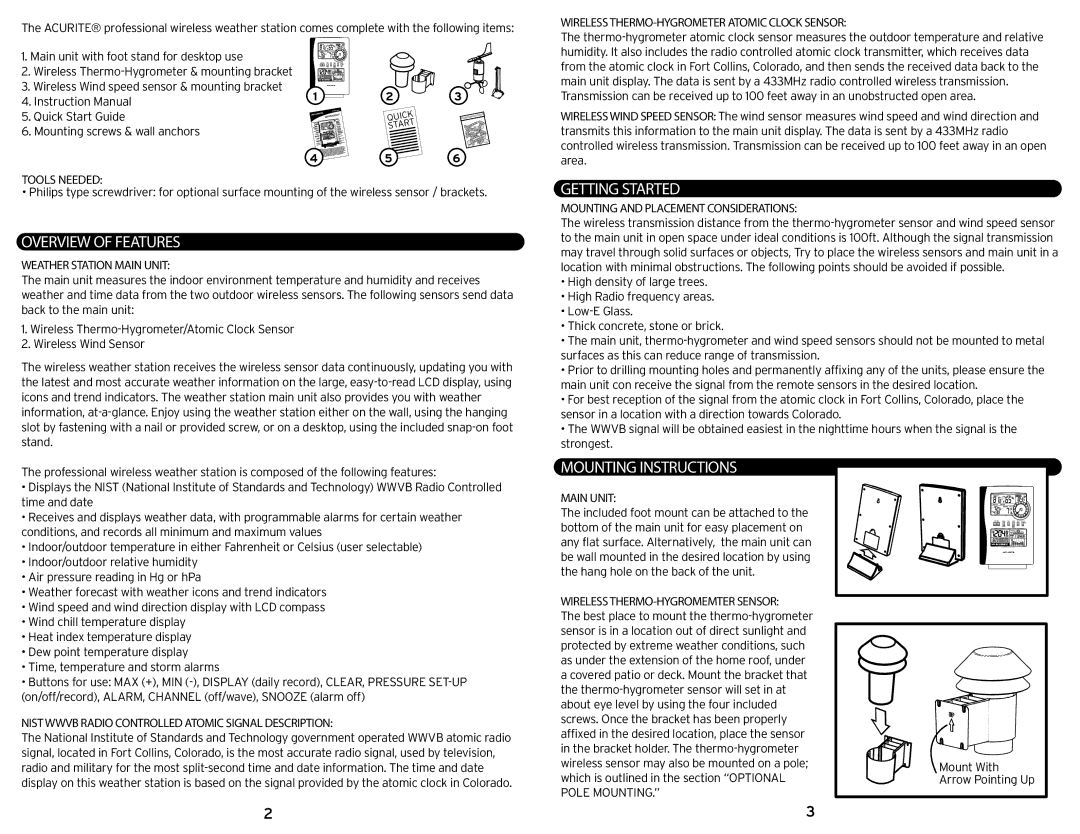 Acu-Rite 992 instruction manual Overview of Features, Getting Started, Mounting Instructions 