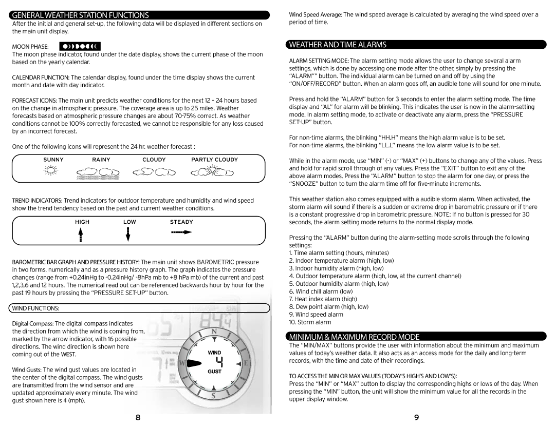 Acu-Rite 992 instruction manual General Weather Station Functions, Weather and Time Alarms, Minimum & Maximum Record Mode 