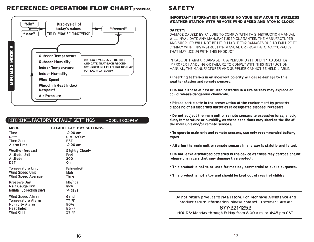 Acu-Rite 992 instruction manual Reference Factory Default Settings 